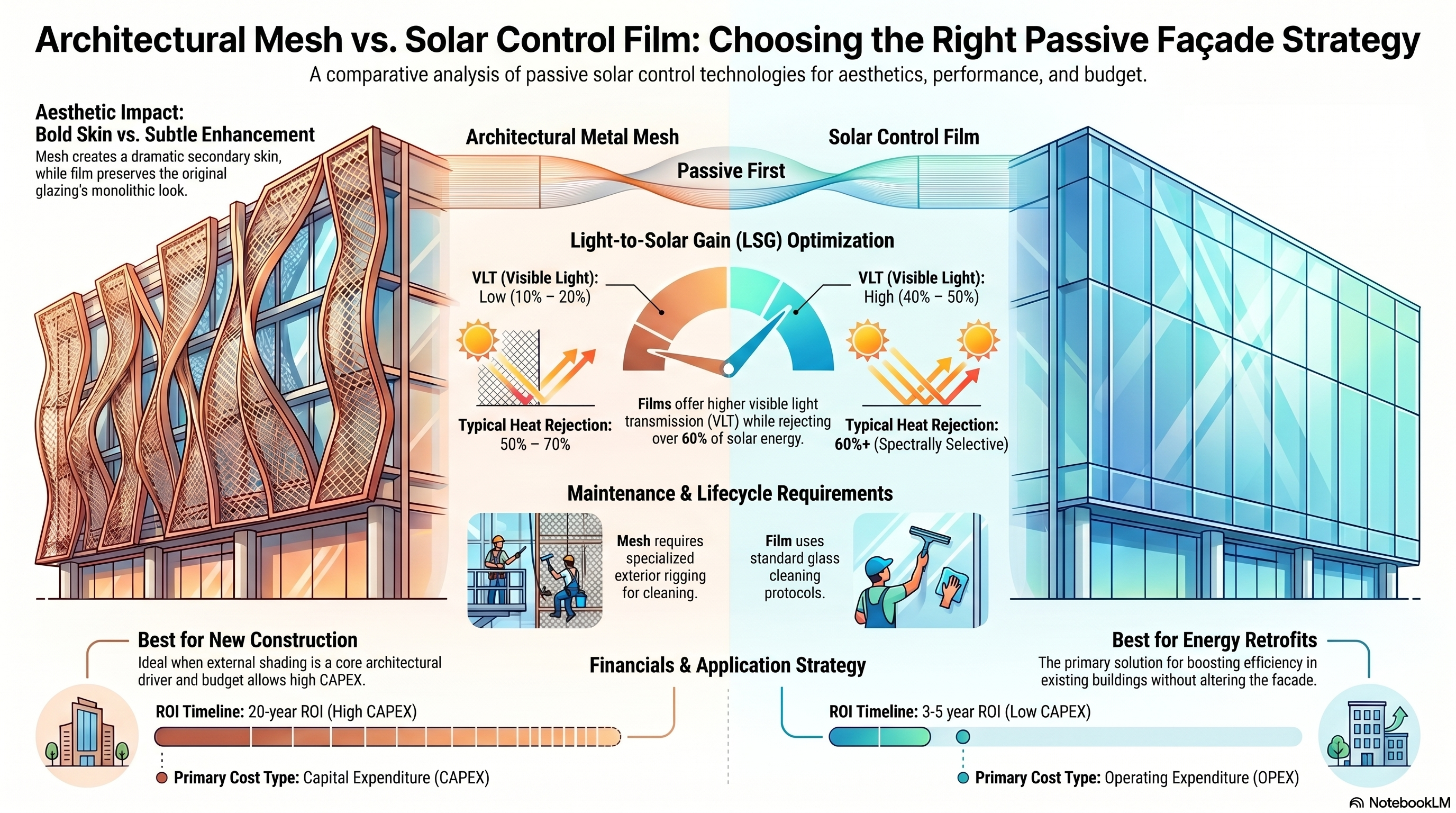 Architectural Mesh vs. Solar Control Film Comparison Infographic